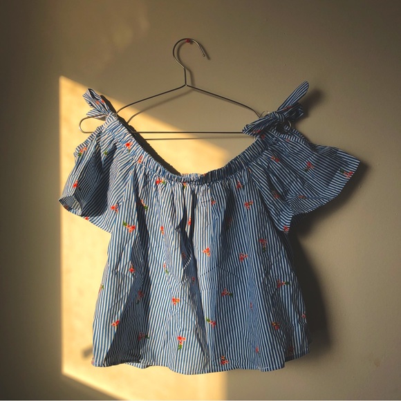 Blue Striped Off-shoulder Blouse Tee - Picture 11 of 13